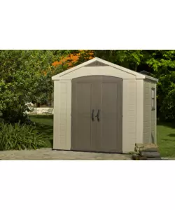 Casetta da giardino keter "factor 8x6" in resina colore beige con porta battente doppia 256,5x182x243 cm